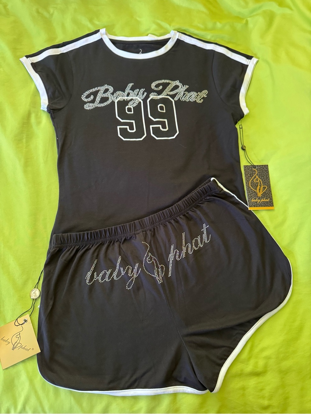 Baby Phat Black & White Rhinestone 99 short Set